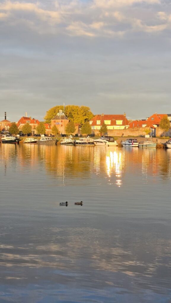 Huizen en boten aan het water in de avondzon